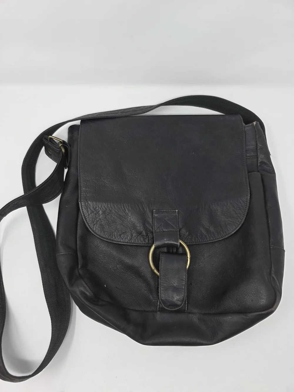 Black Genuine Leather Messenger Bag Crossbody Hair-On-Hide Interior Flap